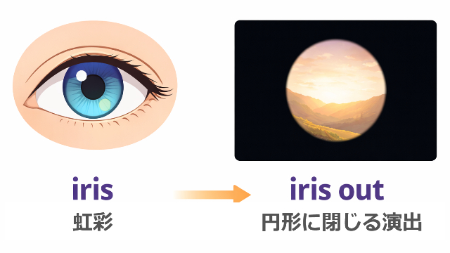 アイリスアウト（iris out）の語源を示す図。左に人の目の虹彩（iris）、右に円形に画面が閉じていく映像演出を並べて示している