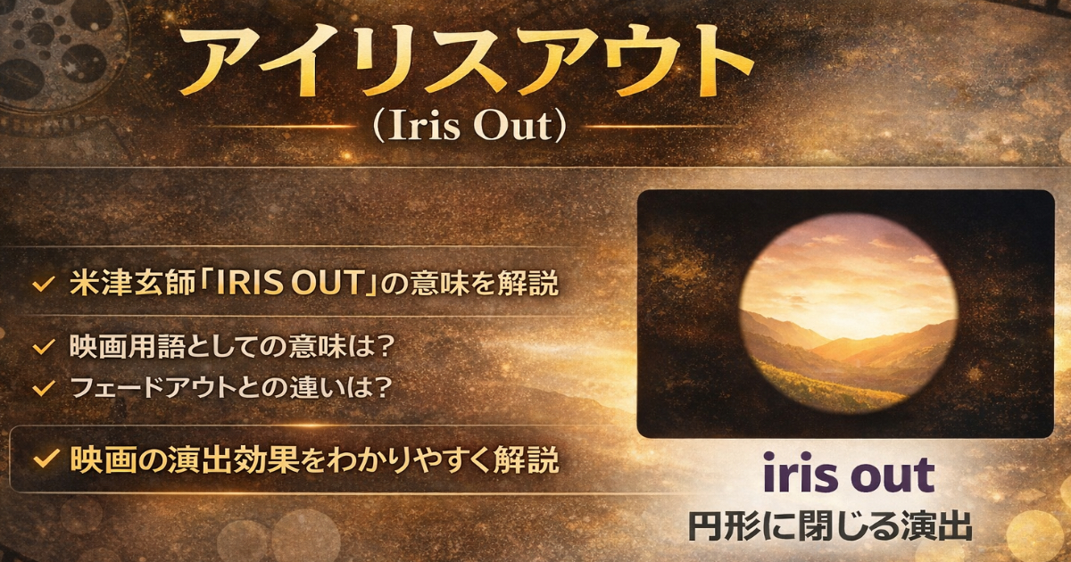 アイリスアウト（Iris Out）の意味を図解で説明したアイキャッチ画像。虹彩（iris）と、画面が円形に閉じていく映画の演出表現を対比して示している。